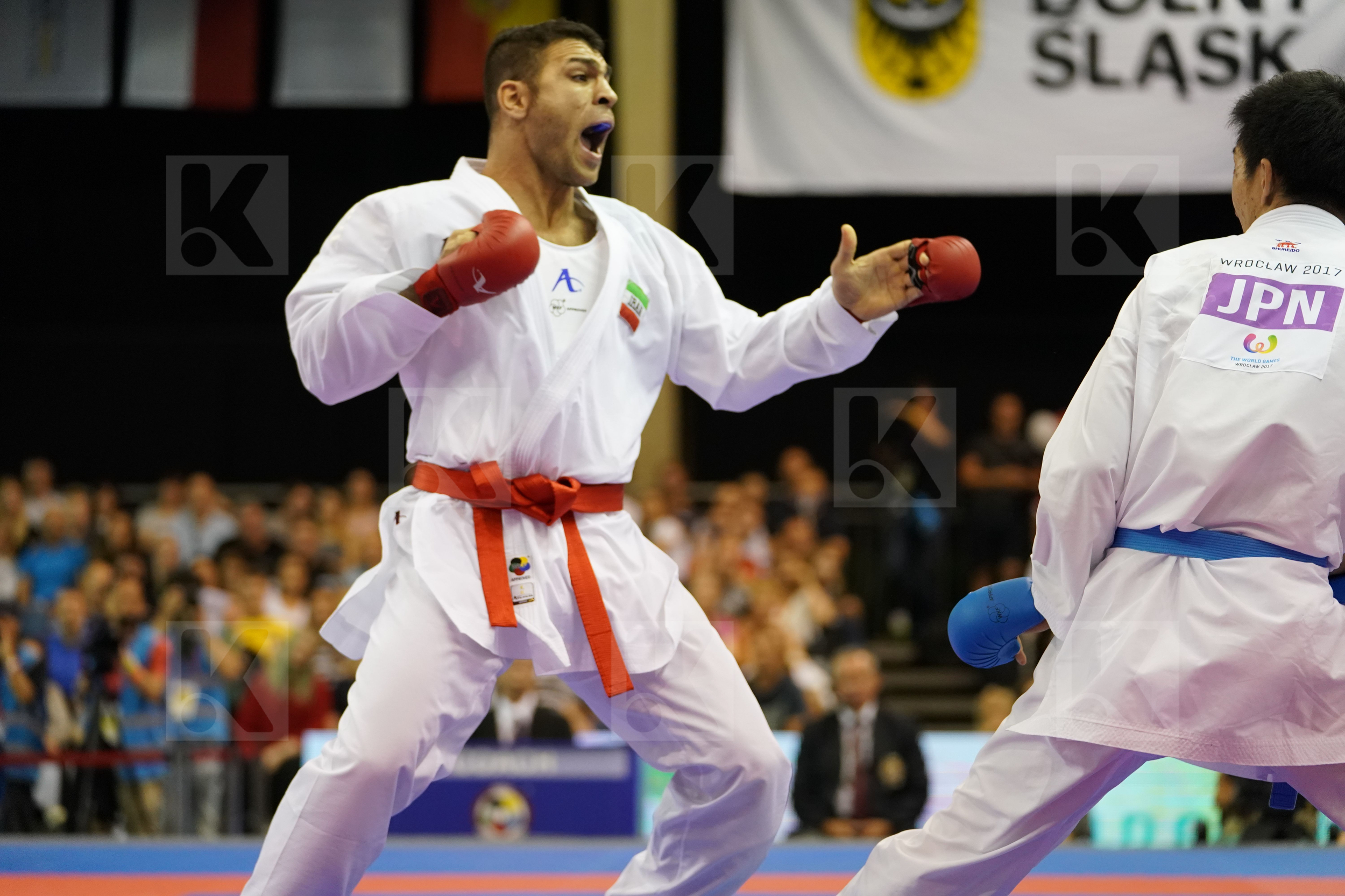 Araga Ryutaro Gold match Iran Islamic Republic of Japan Male Kumite -84kg Poorshab Zabiollah